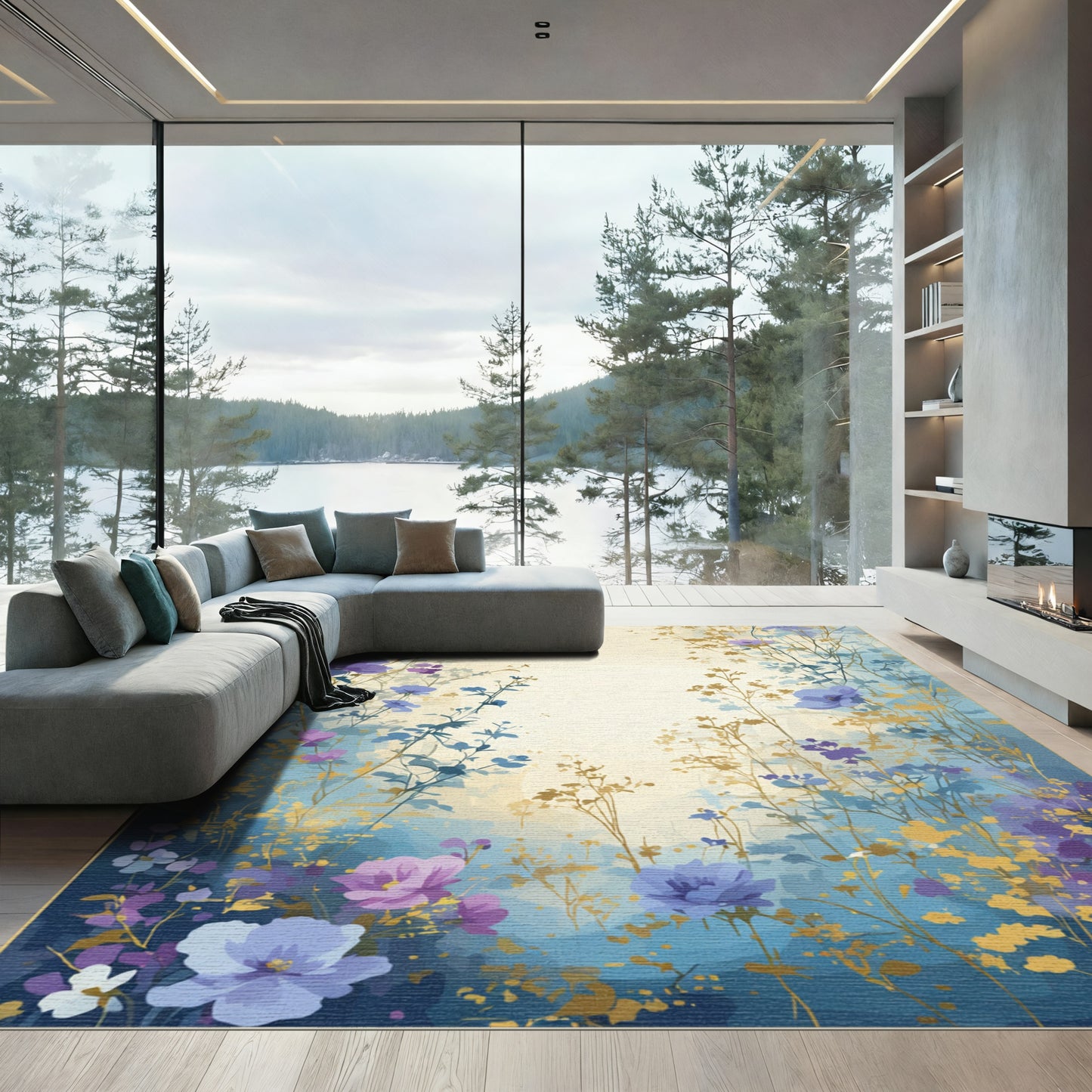 Purple Blue Floral Meadow Vignette Rug