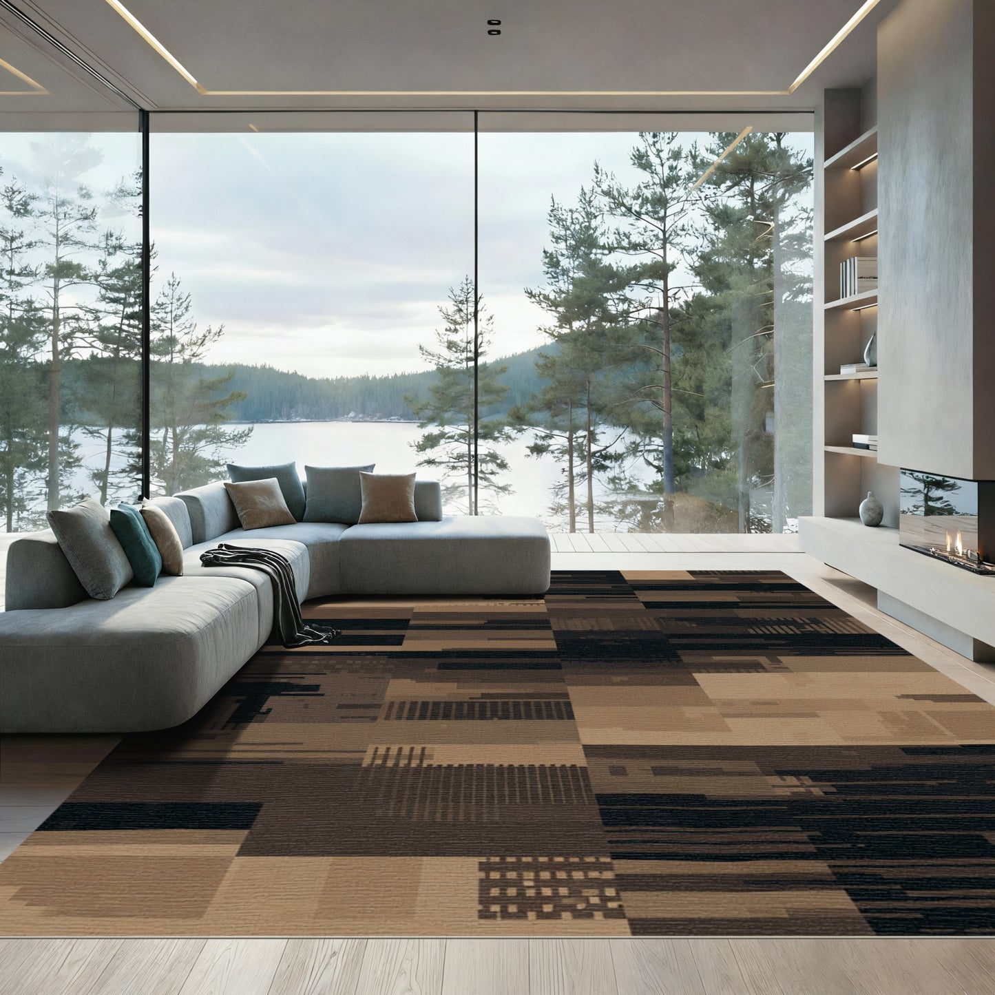 Textured Brown Geometric Tile Rug