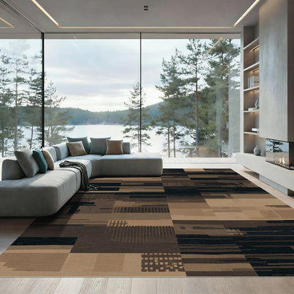 Textured Brown Geometric Tile Rug