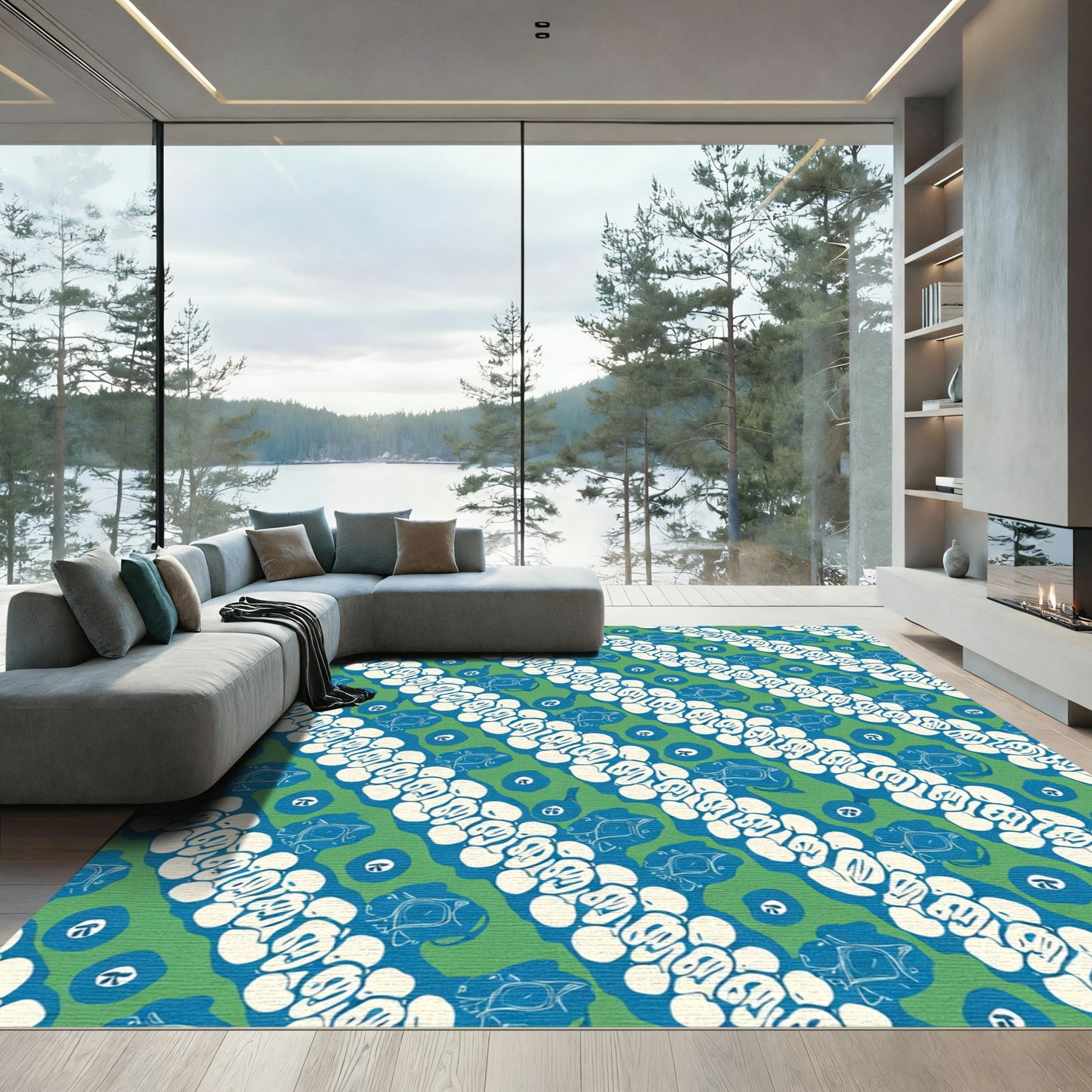 Green White Blue Organic Stripe Rug