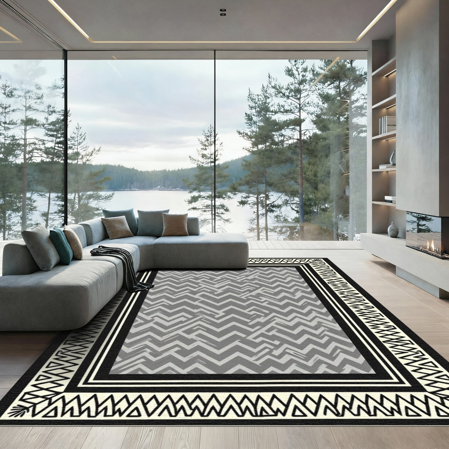 Tribal Black Cream Geometric Chevron Rug
