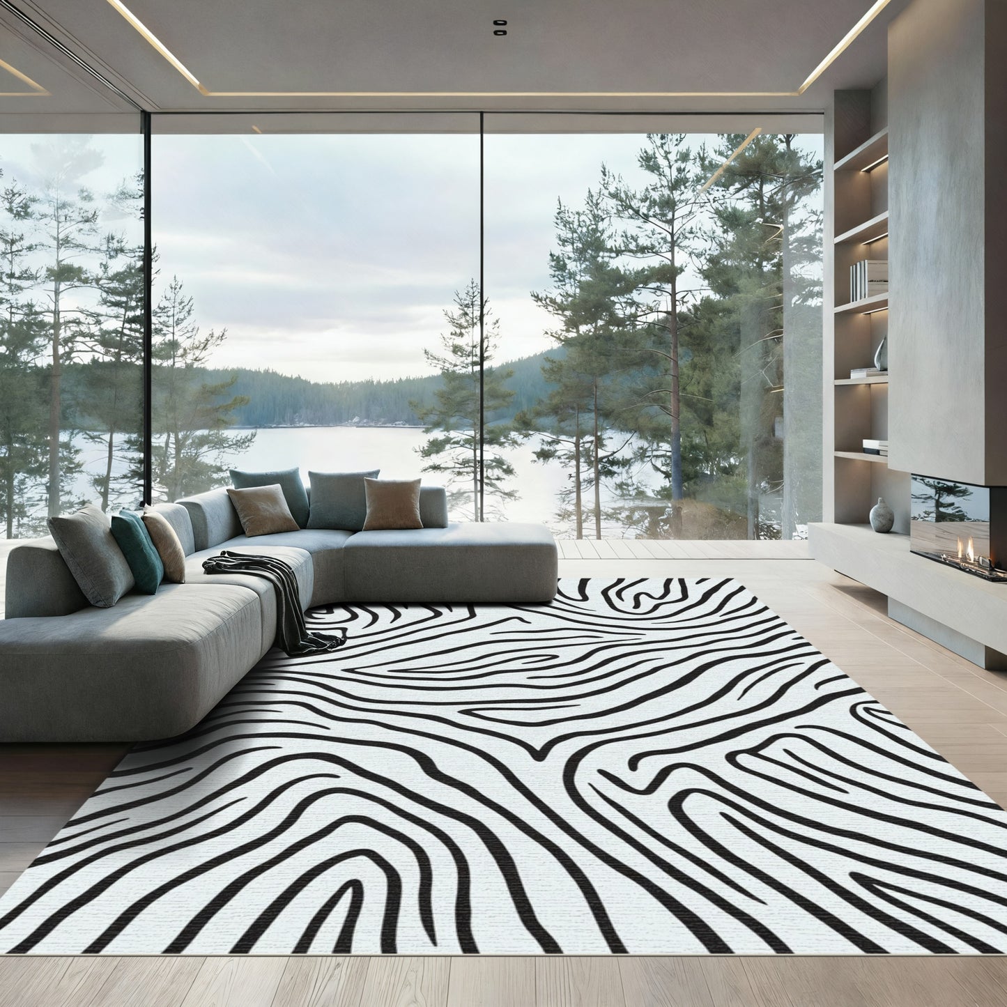 Black White Animal Print Waves Rug