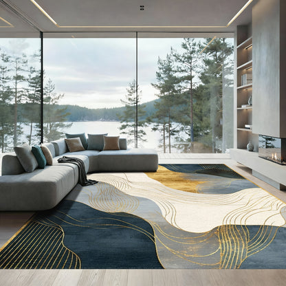 Abstract Gold Navy Wave Rug