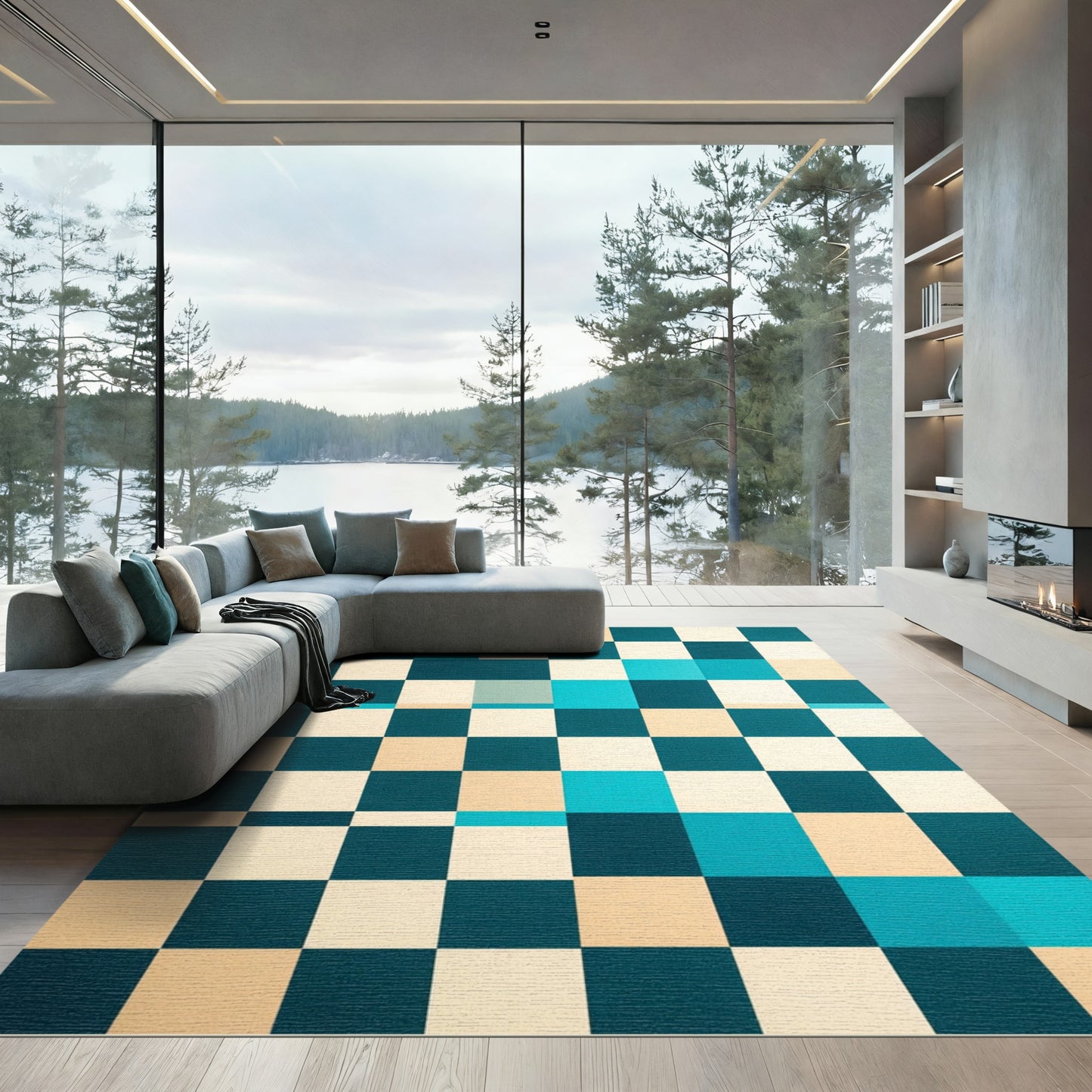 Aqua Beige Teal Checkered Squares Rug