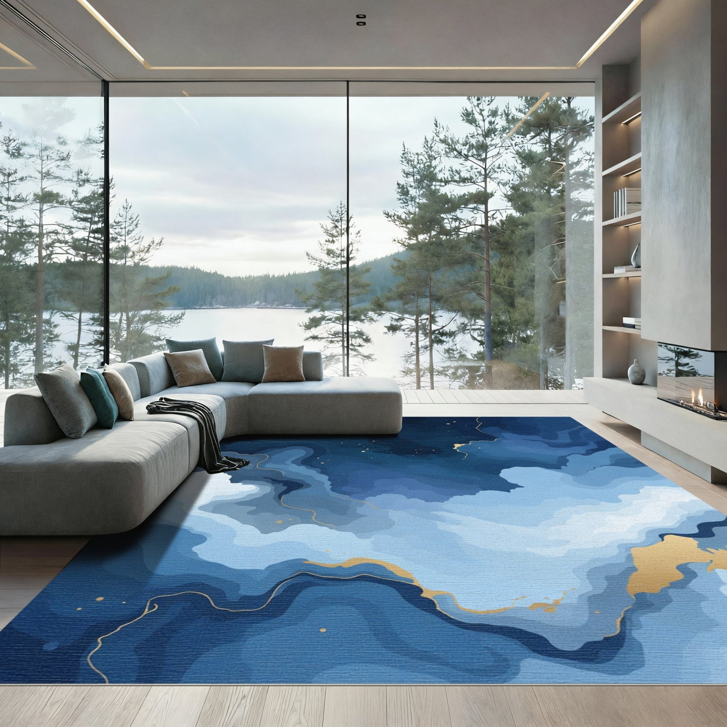 Deep Blue Gold Swirl Cloudscape Rug