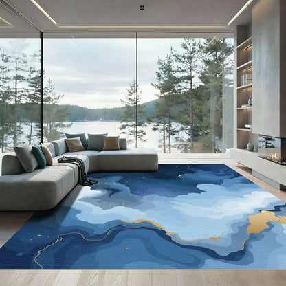 Deep Blue Gold Swirl Cloudscape Rug