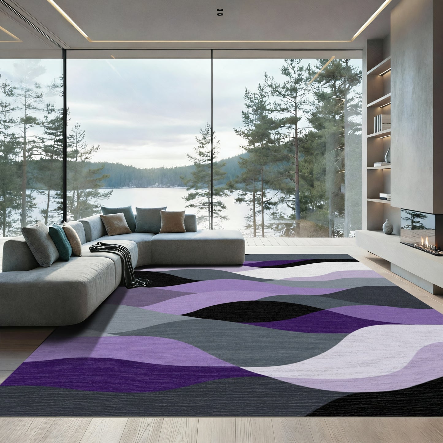 Purple Gray Abstract Wave Flow Rug