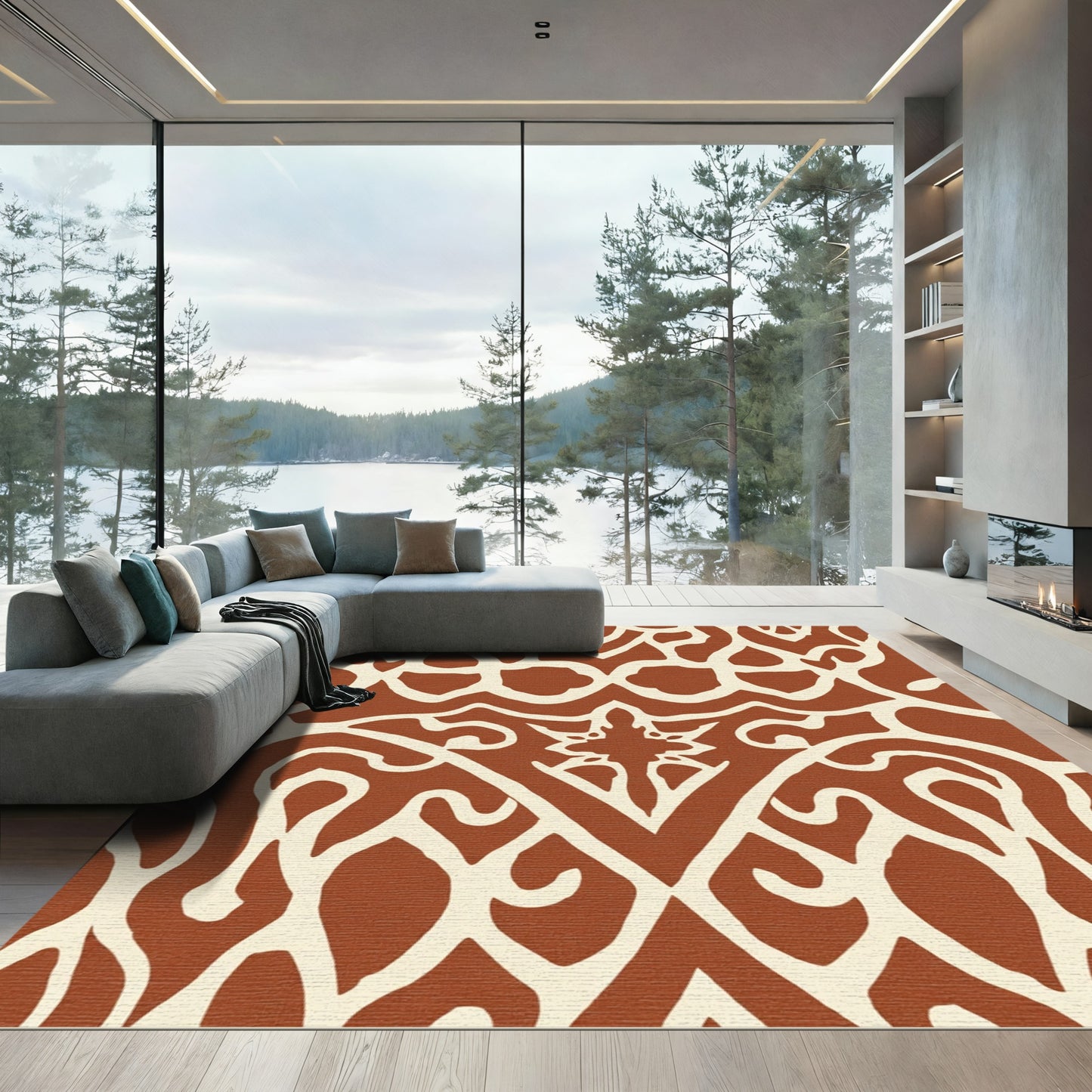 Terracotta And Cream Scrollwork Medallion Rug