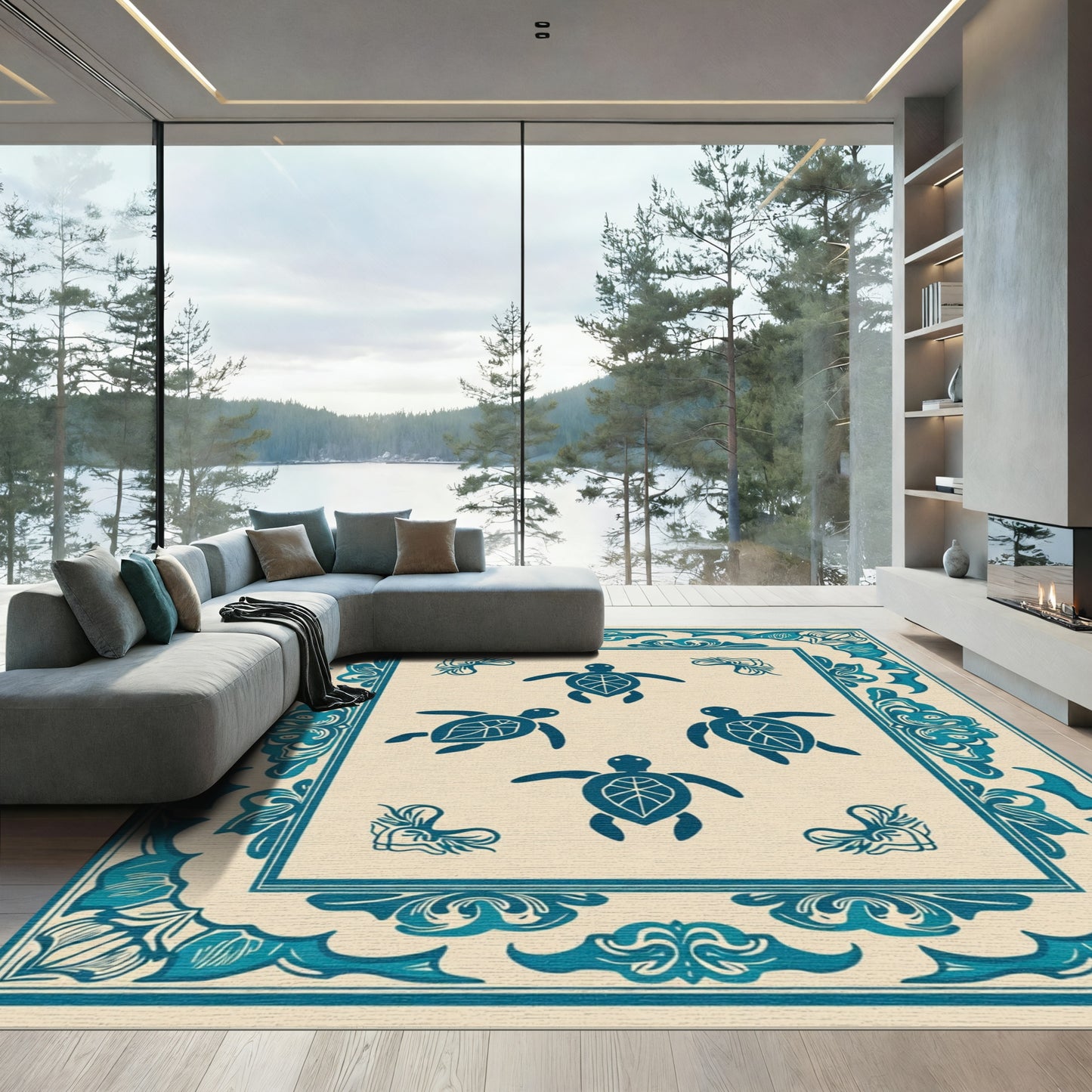 Ocean Blue Turtle Border Rug