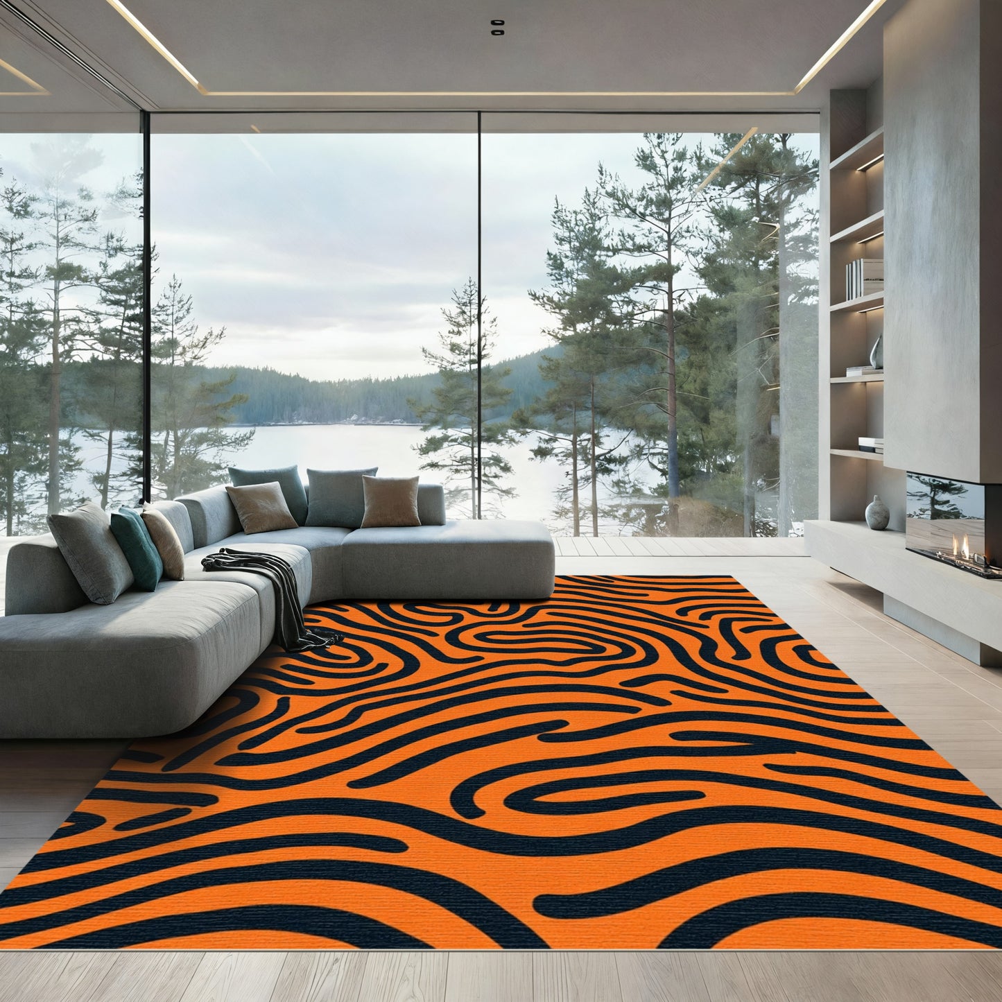Bold Orange Black Swirl Stripe Rug