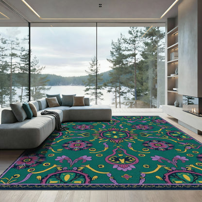 Vibrant Teal Floral Mandala Medallion Rug