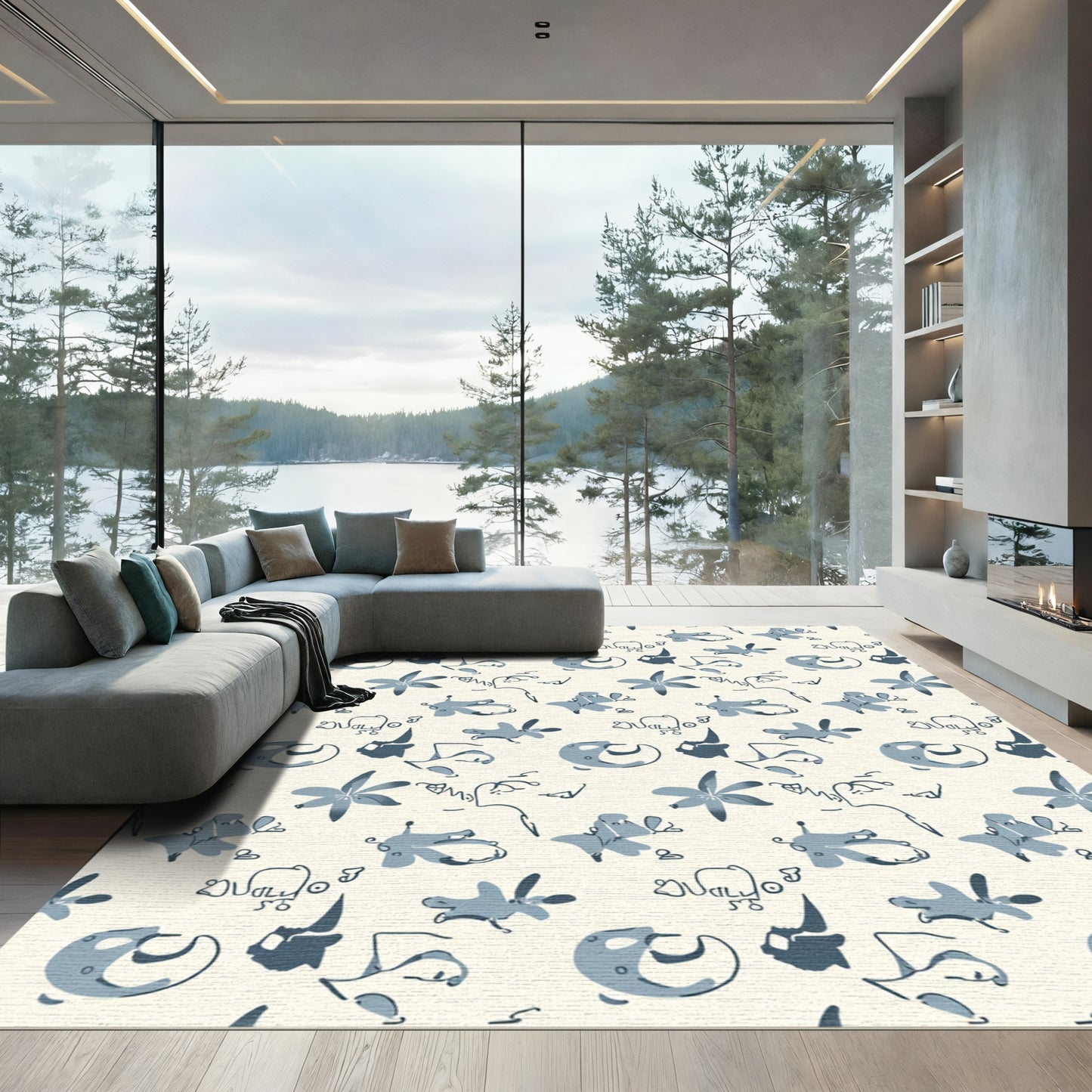 Delicate Blue Abstract Scribble Medley Rug