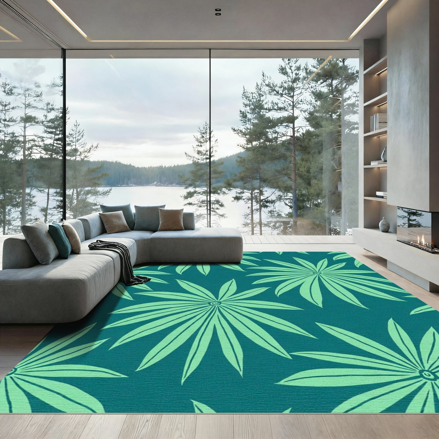 Teal Palm Leaf Starburst Rug