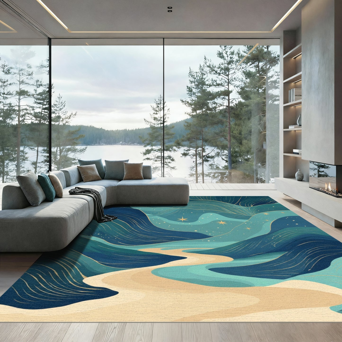 Celestial Blue Winding River Landscape Rug