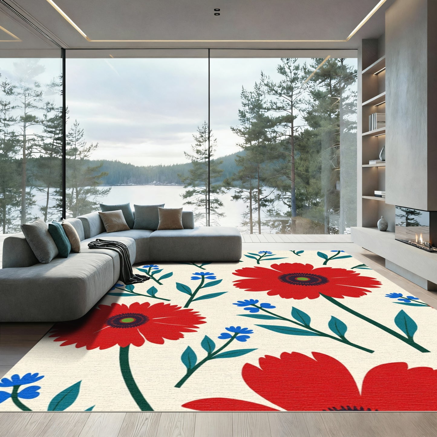 Bright Red Blue Floral Botanical Composition Rug