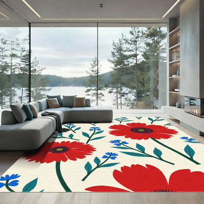 Bright Red Blue Floral Botanical Composition Rug