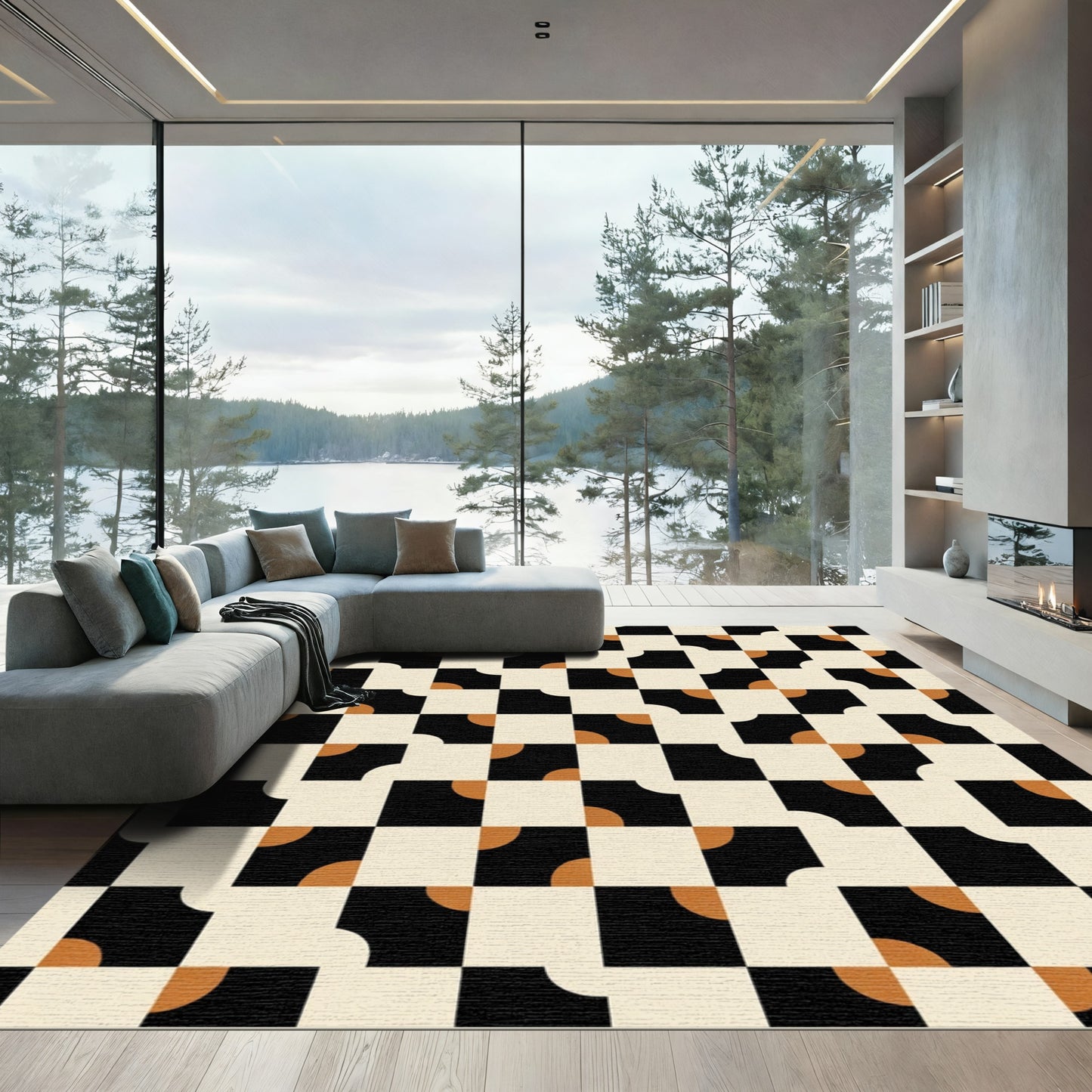 Geometric Black Cream Amber Squares Rug
