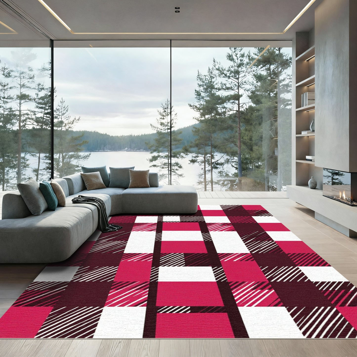 Crimson White Plaid Checkered Rug