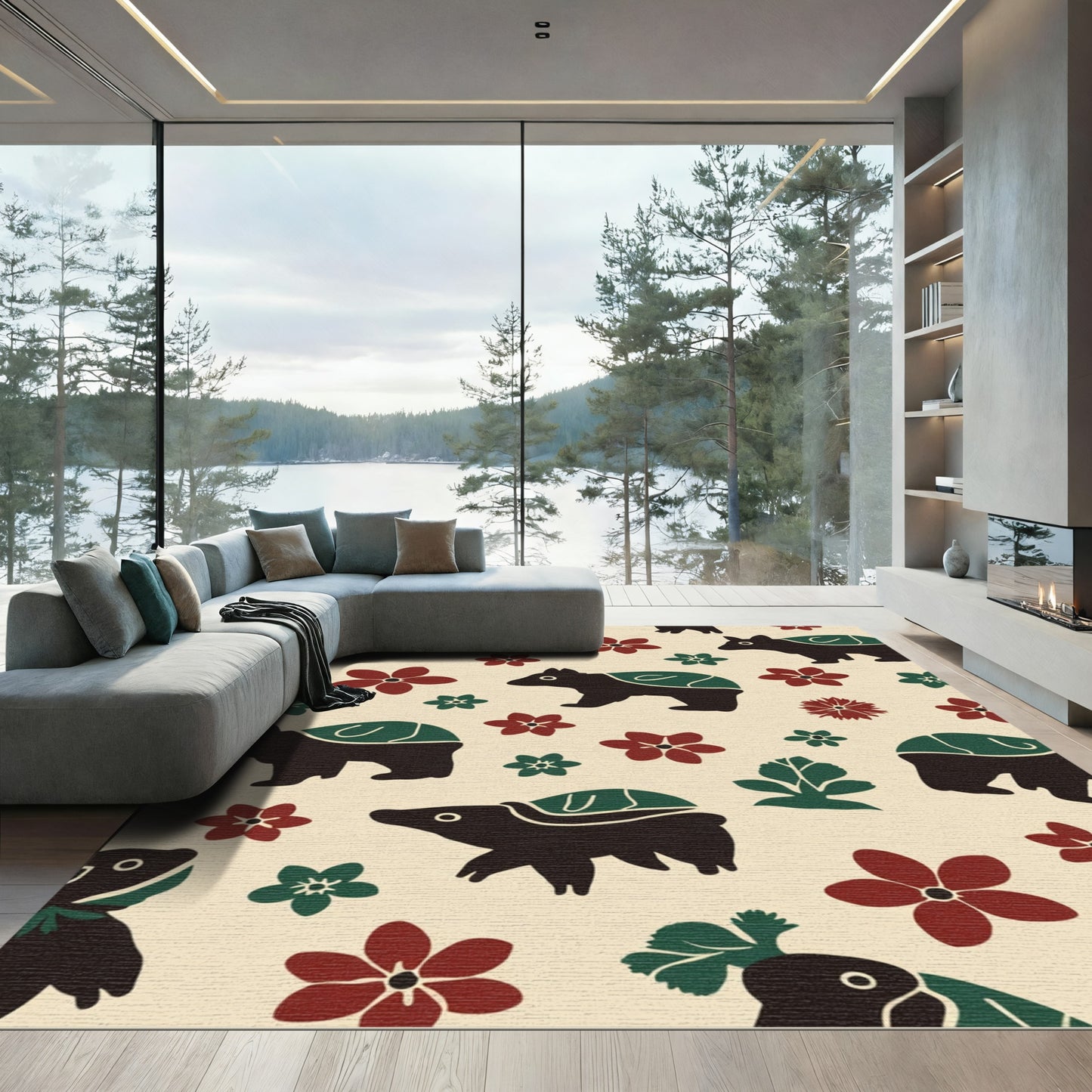 Charming Black Bear Floral Scatter Rug