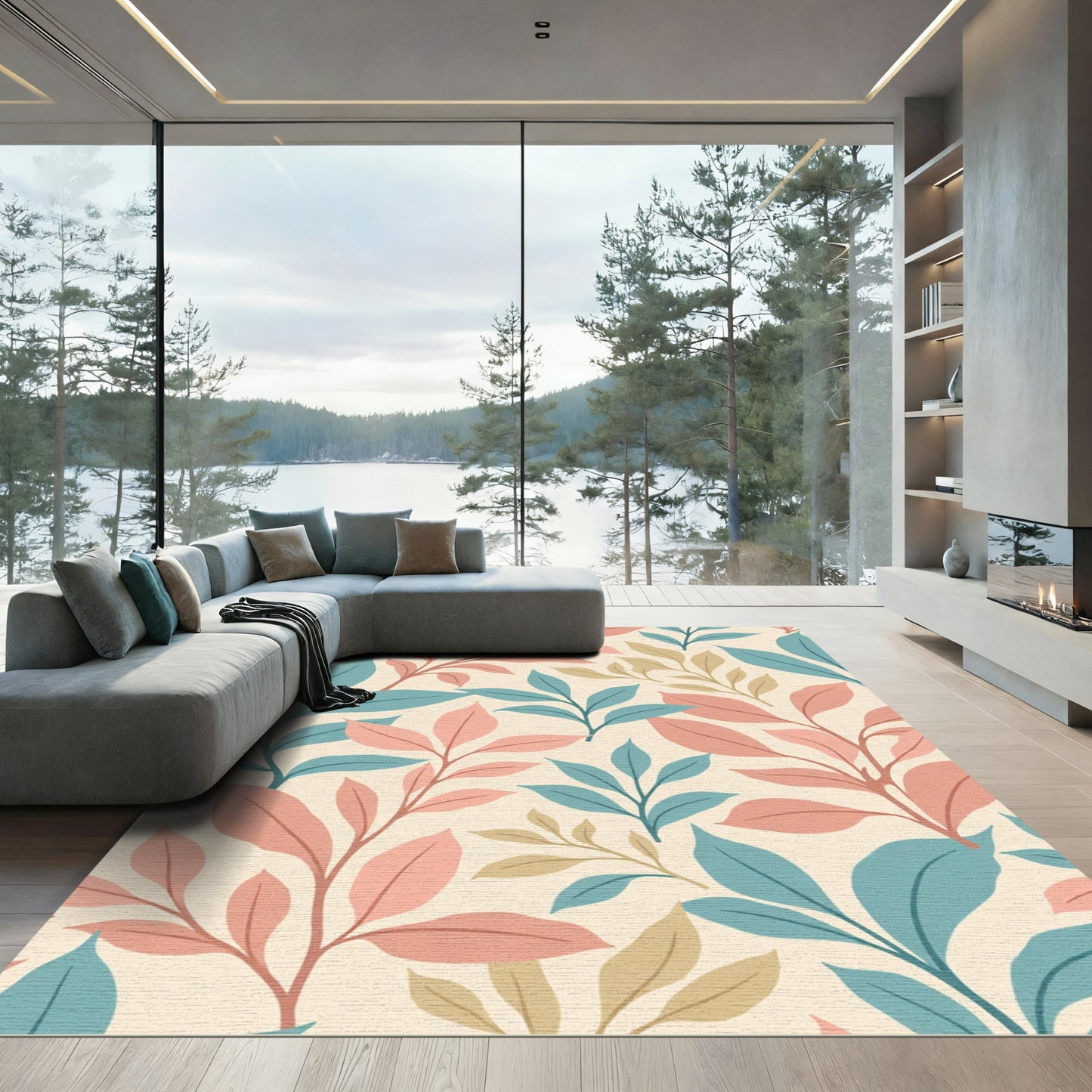 Soft Coral Teal Leaf Sprigs Rug