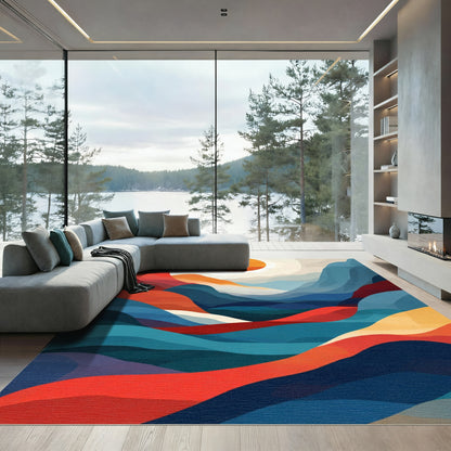 Vibrant Sun Over Abstract Mountain Waves Rug
