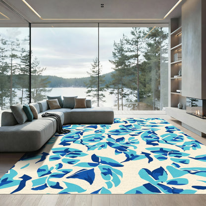 Abstract Blue Tropical Foliage Rug