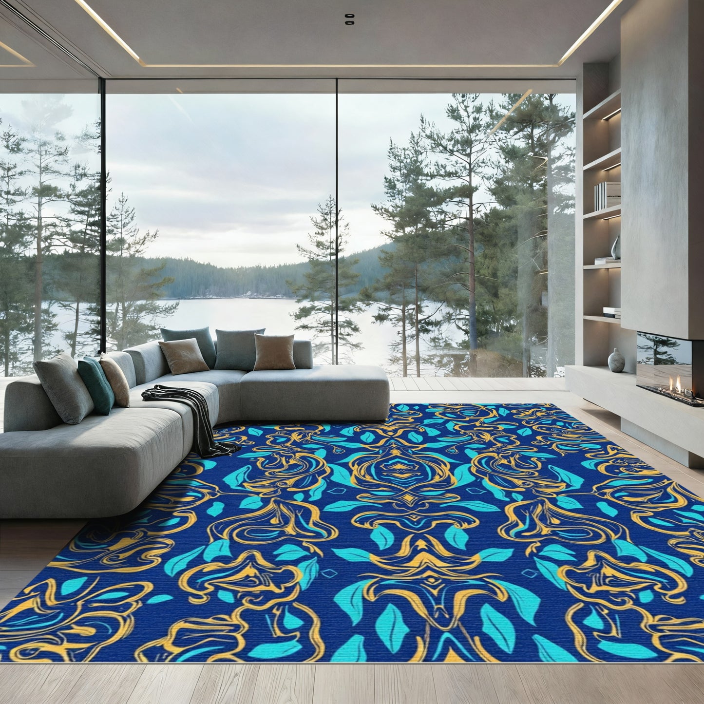 Royal Blue Gold Teal Floral Swirl Rug