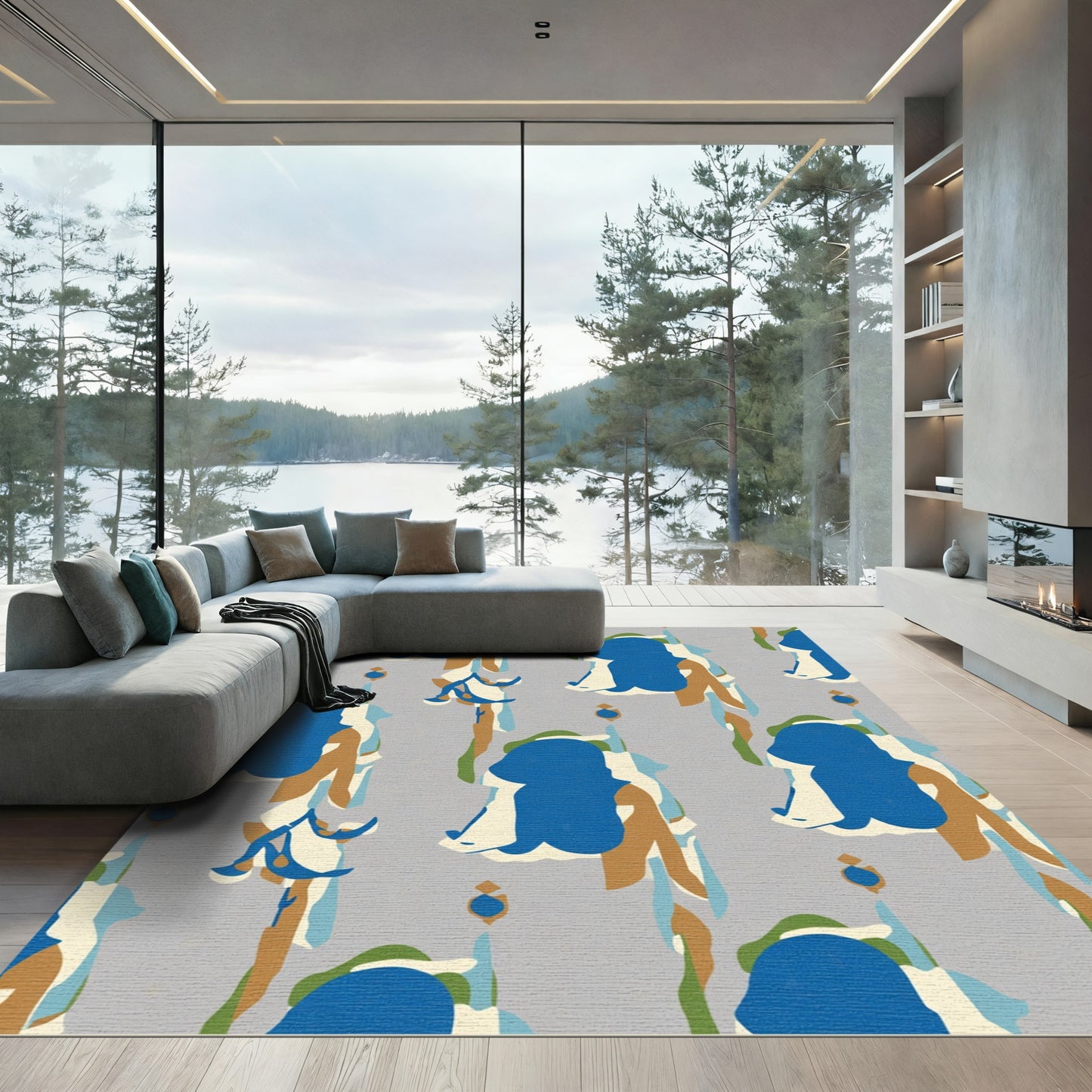 Abstract Blue Ivory Tan Organic Shapes Rug