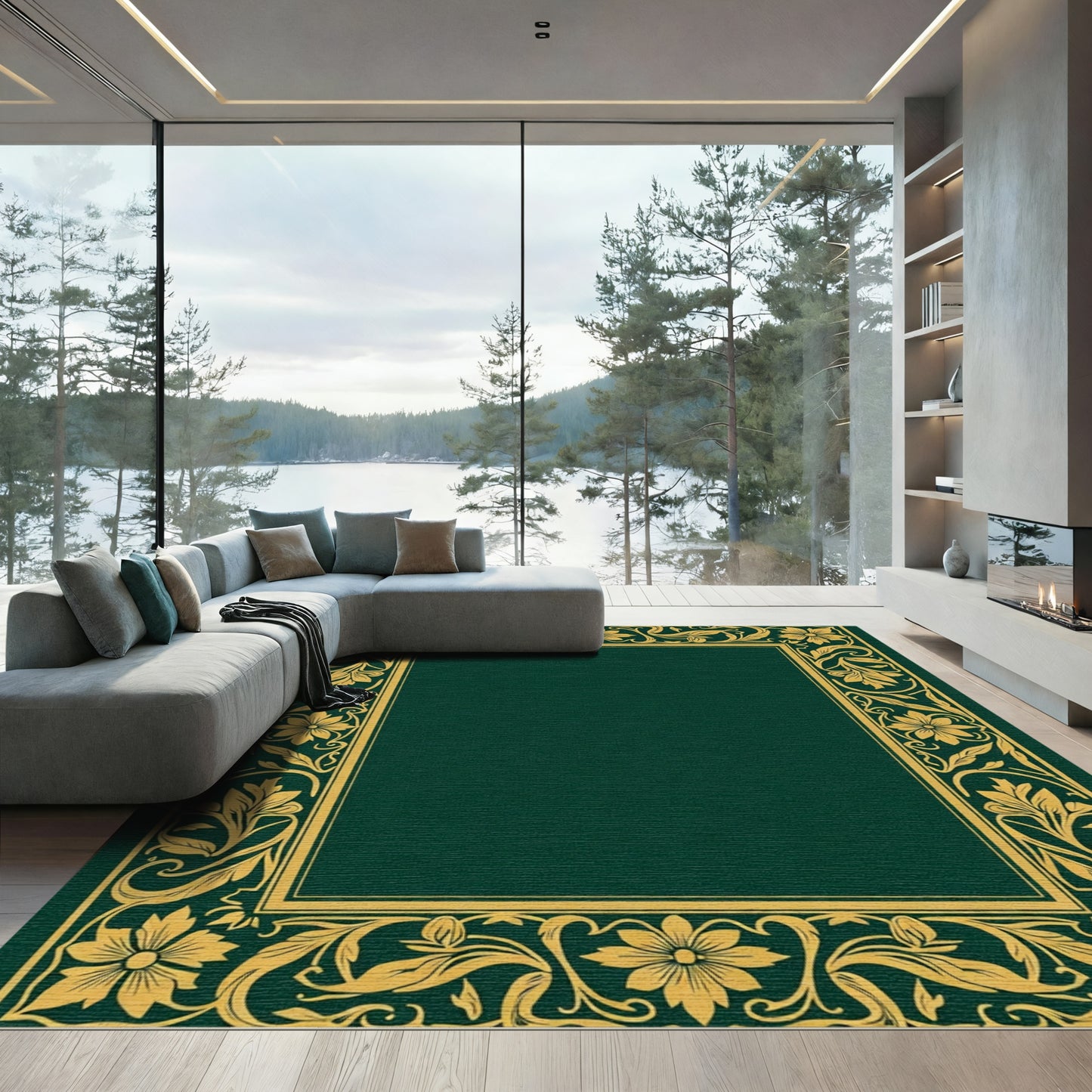 Elegant Gold Floral Border Emerald Rug