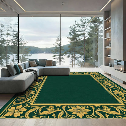 Elegant Gold Floral Border Emerald Rug