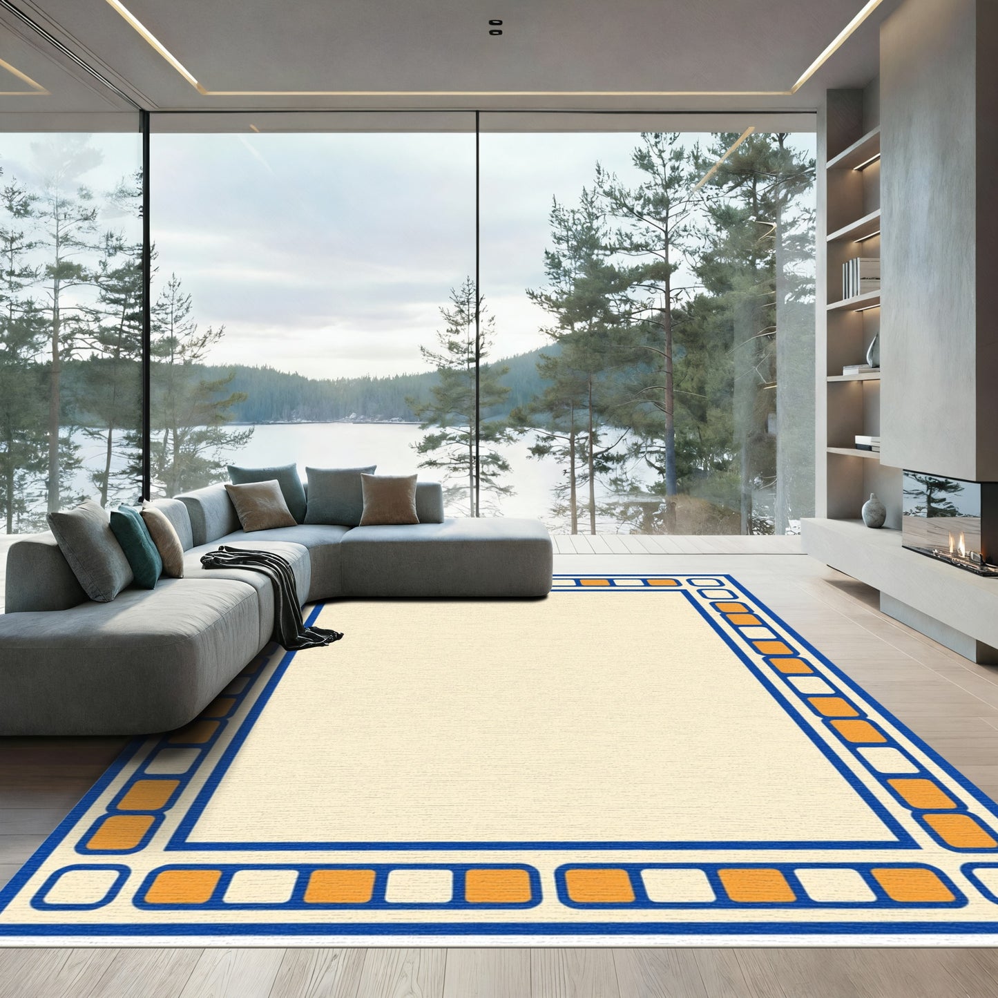 Orange Blue Square Border Cream Rug