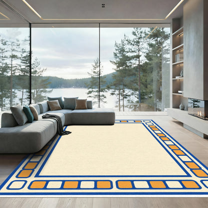 Orange Blue Square Border Cream Rug