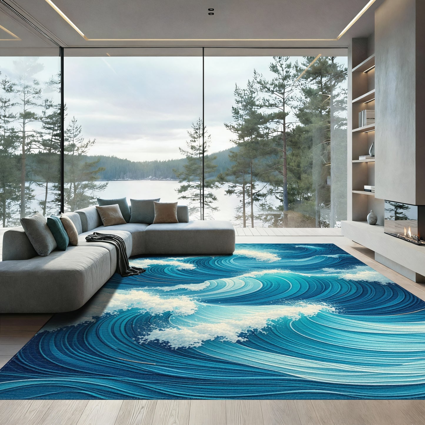 Dynamic Blue Crashing Waves Rug