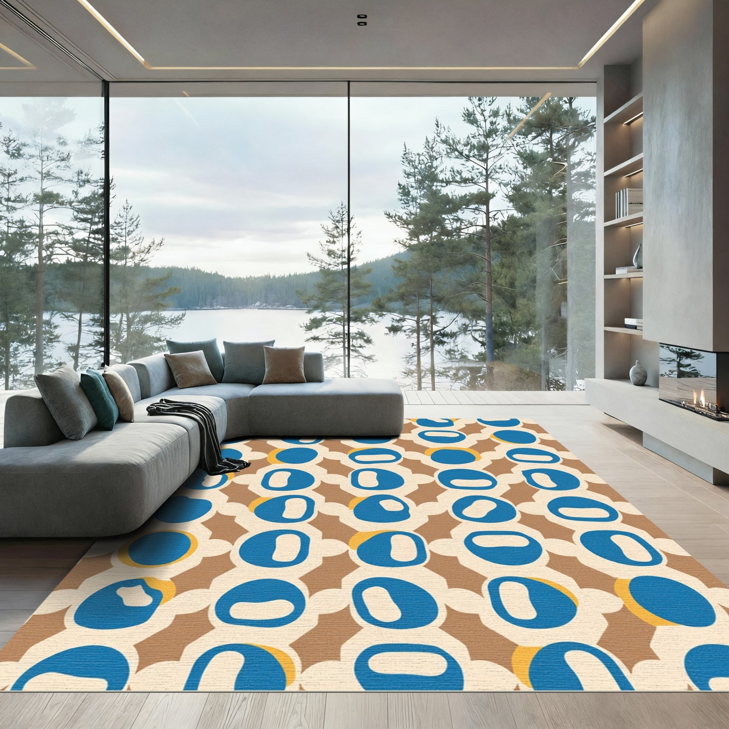 Mid Century Blue Ochre Organic Circles Rug