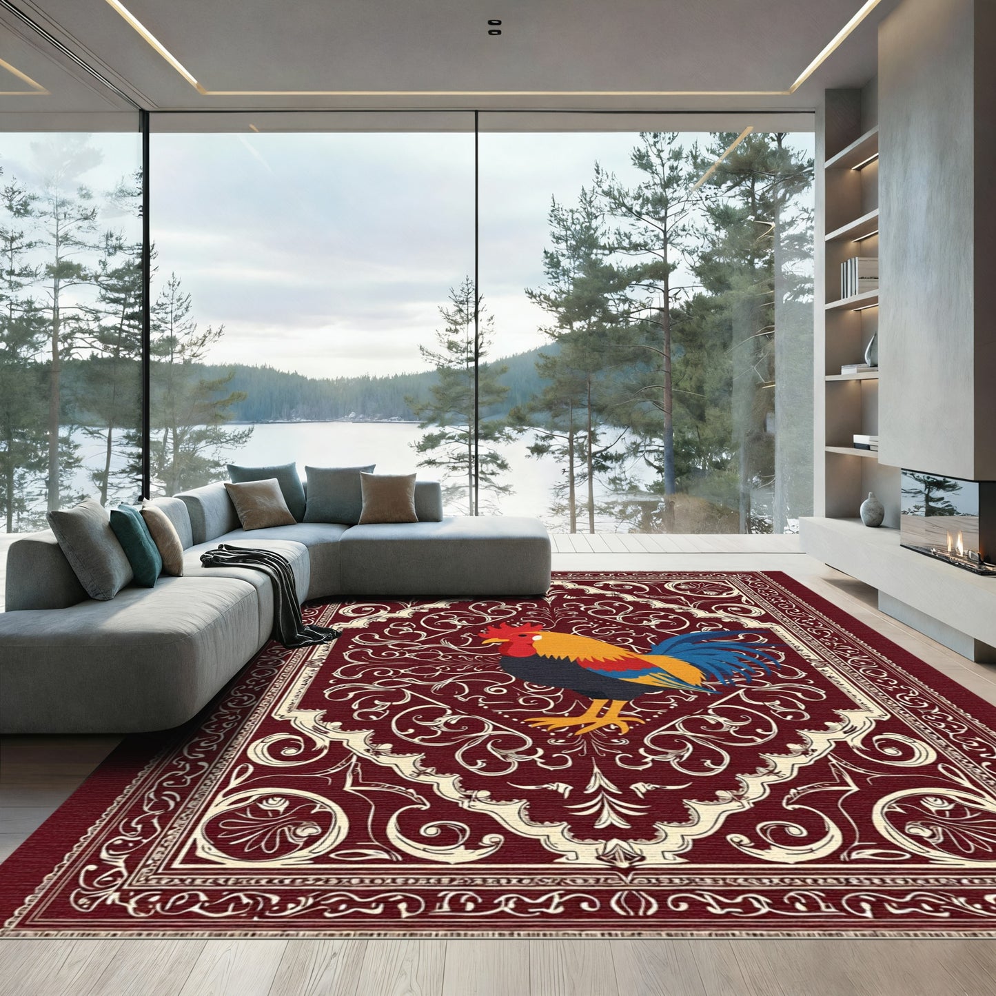 Crimson Rooster Ornate Scrollwork Rug