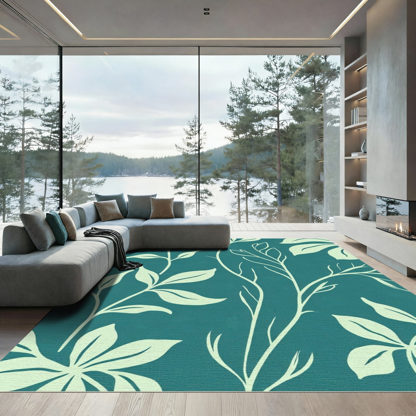 Teal Botanical Leaf Contrast Rug