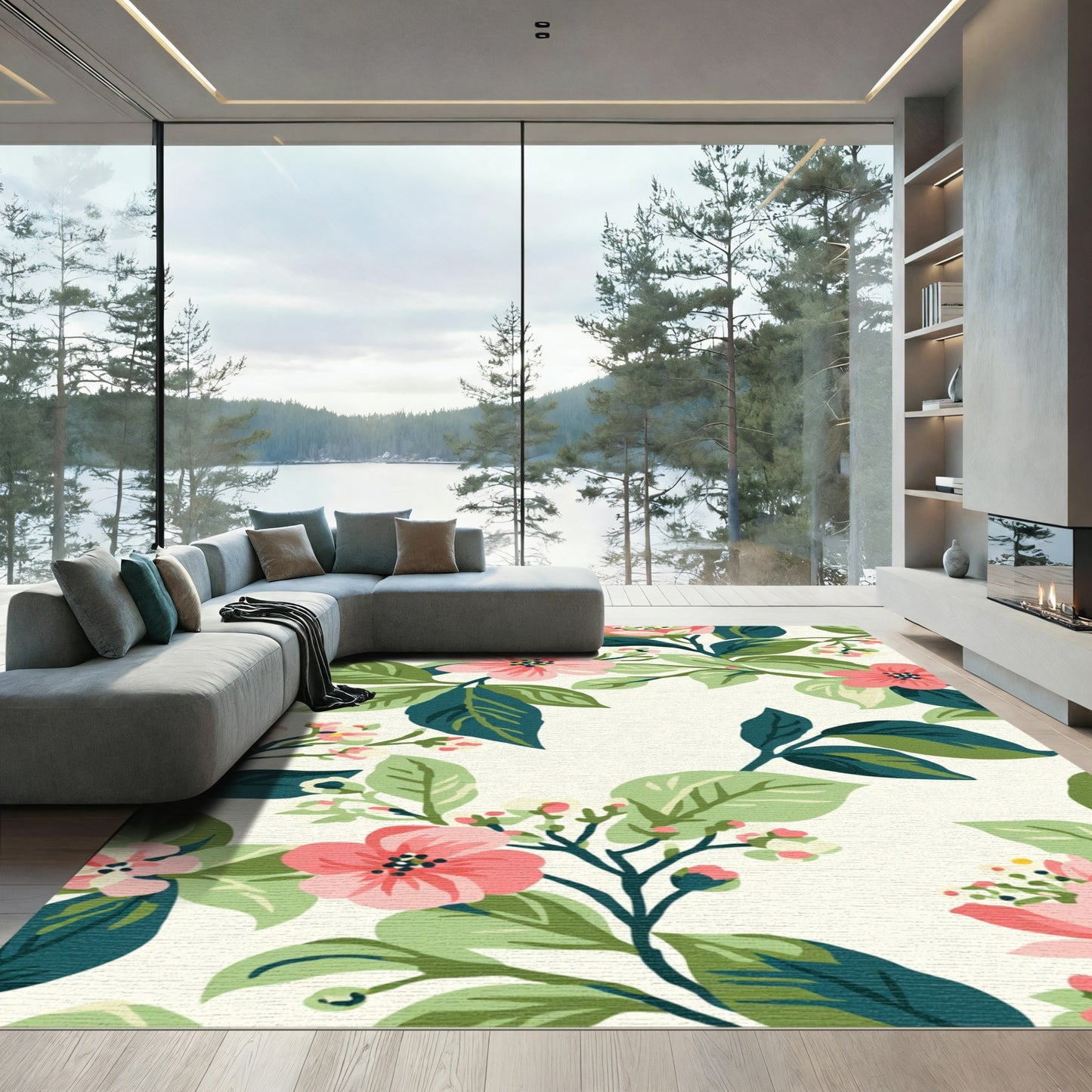 Pink Coral Floral Garden Branches Rug