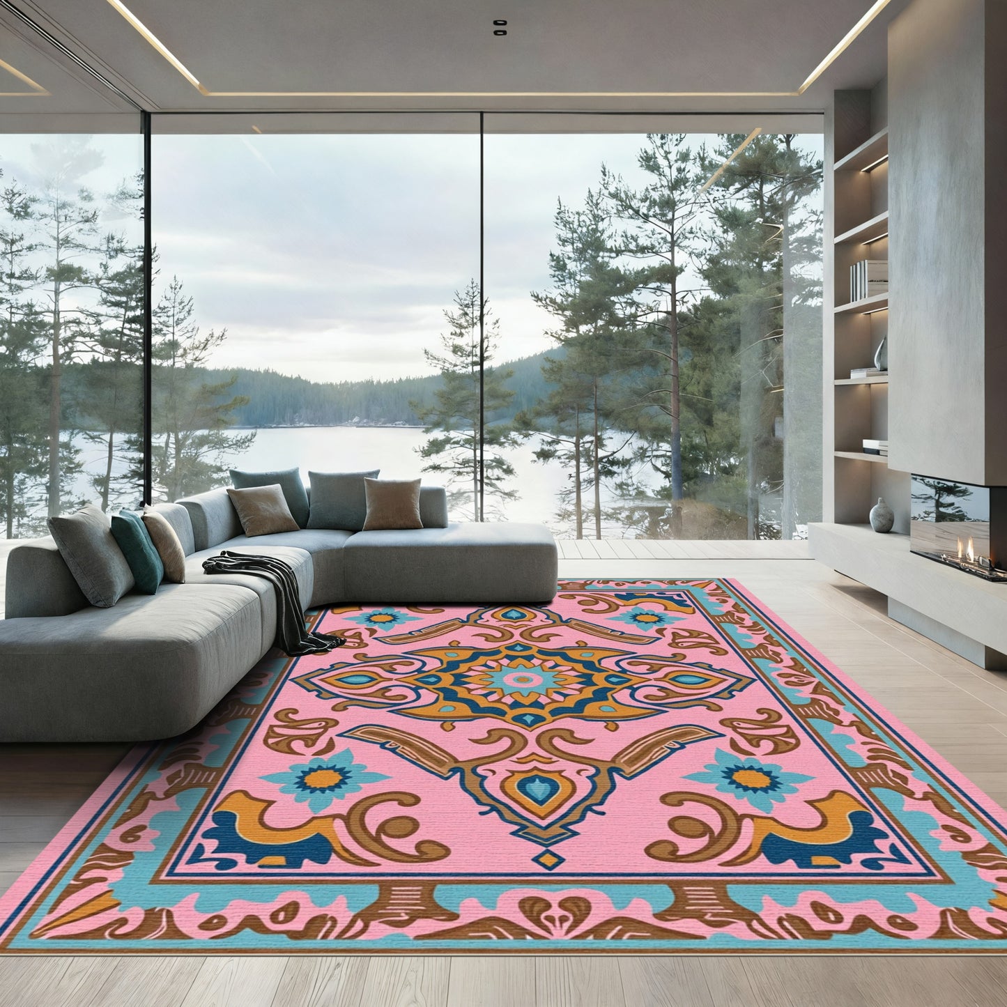 Pink Floral Medallion With Blue Accents Rug