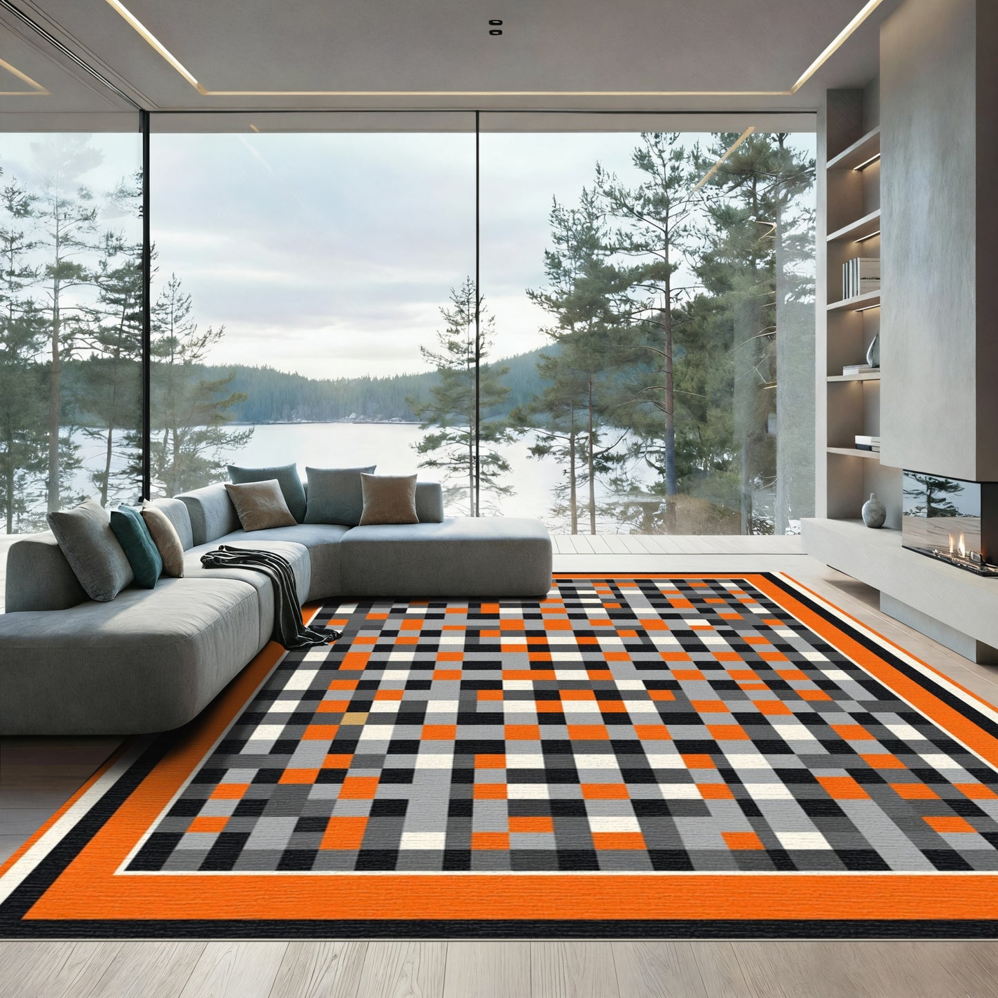 Modern Orange Gray Black Checkerboard Rug
