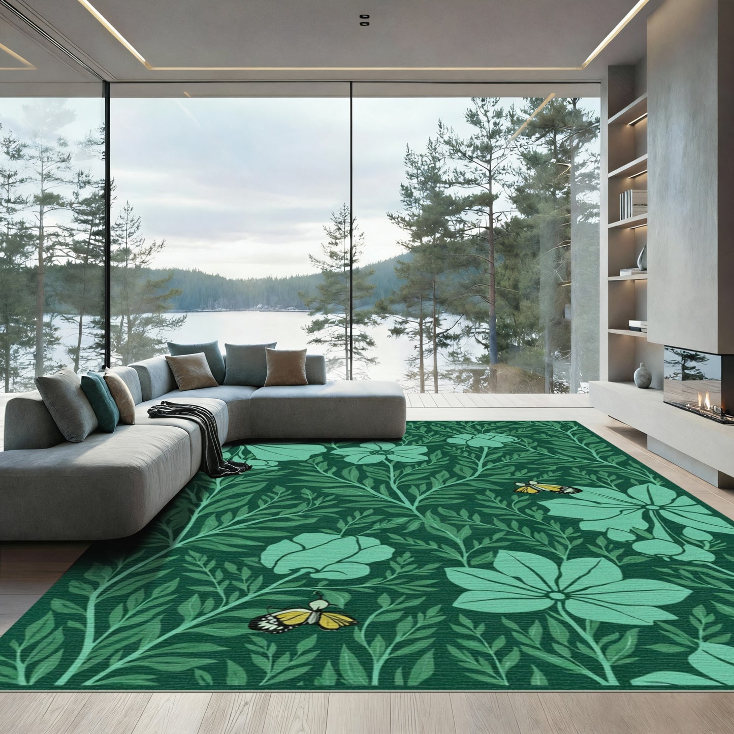 Emerald Green Floral Butterfly Meadow Rug