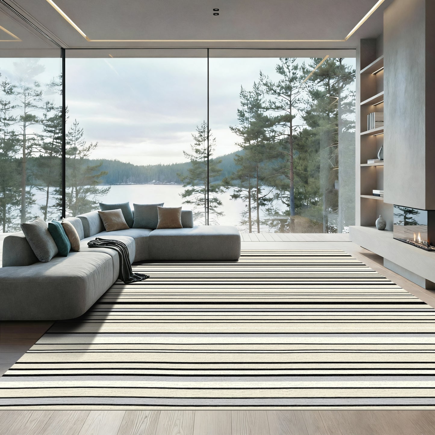 Soft Cream Black Linear Stripe Rug