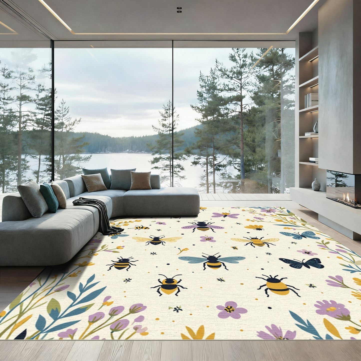 Whimsical Yellow Blue Butterfly Bee Meadow Rug