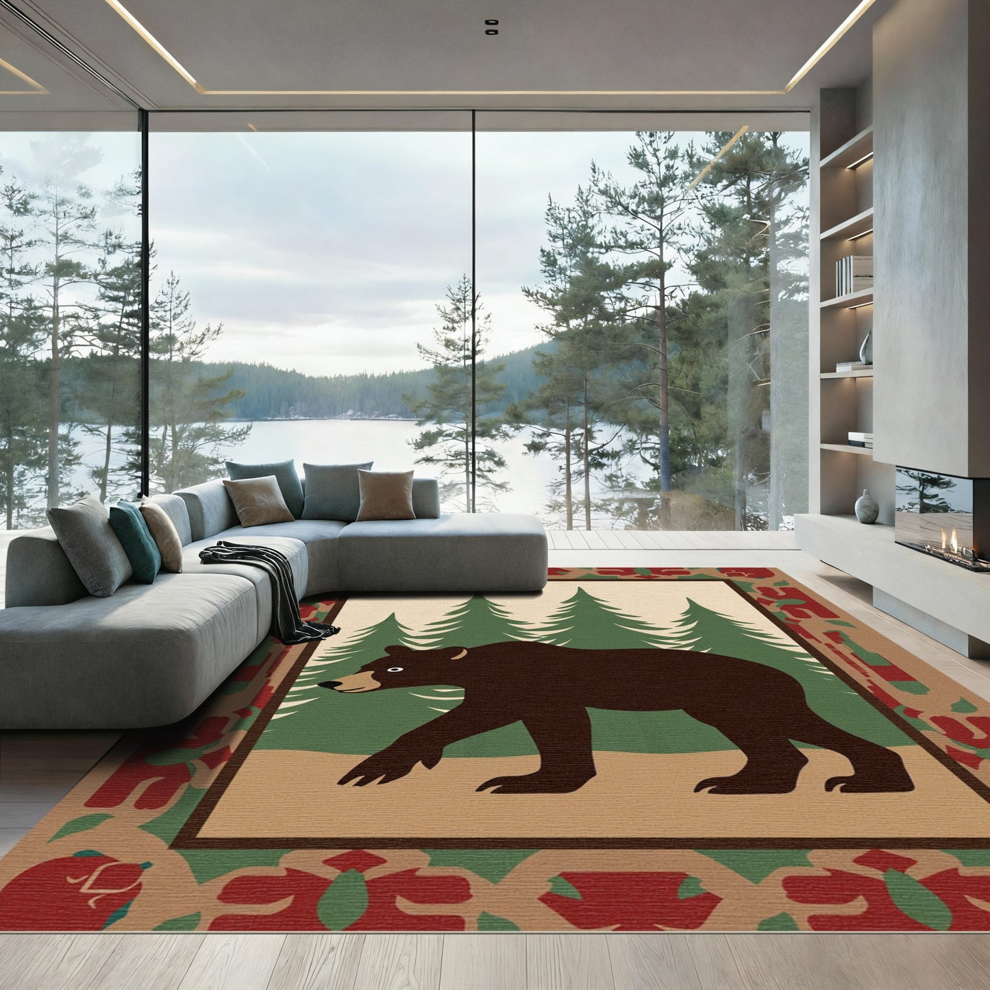 Forest Bear Pine Trees Geometric Border Rug