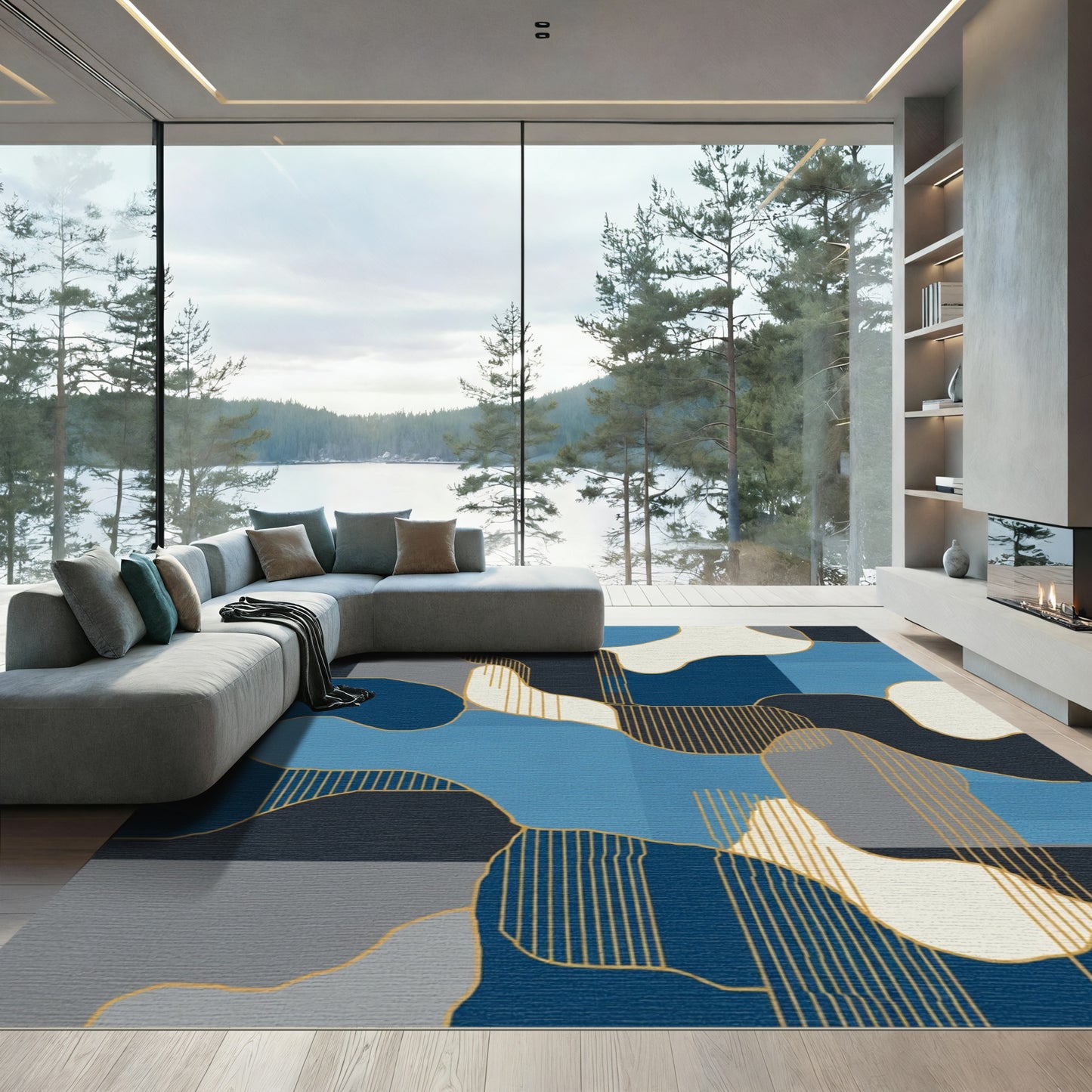 Navy Blue Abstract Organic Geometry Rug