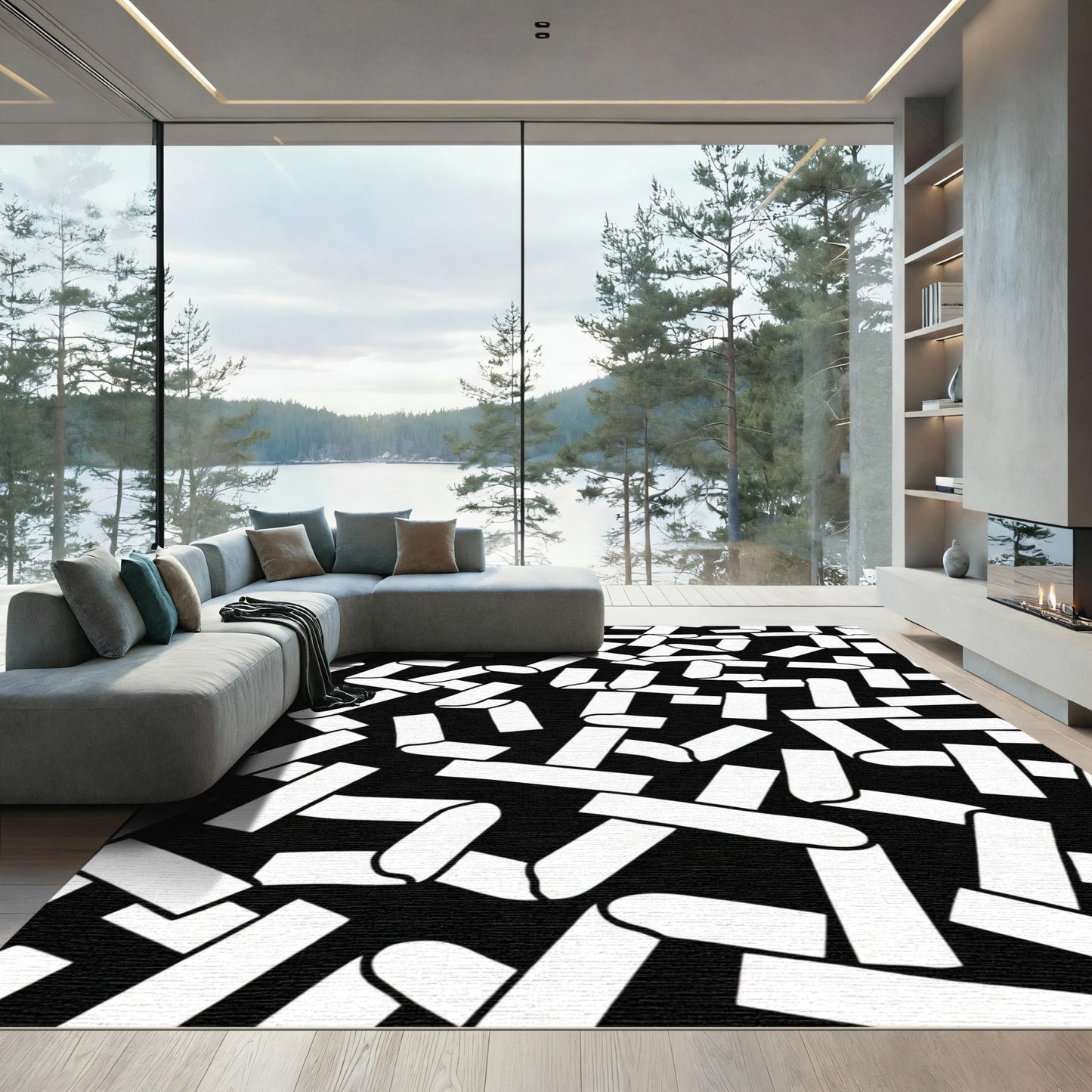 Abstract Black White Interplay Ribbons Rug