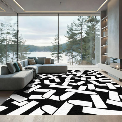 Abstract Black White Interplay Ribbons Rug