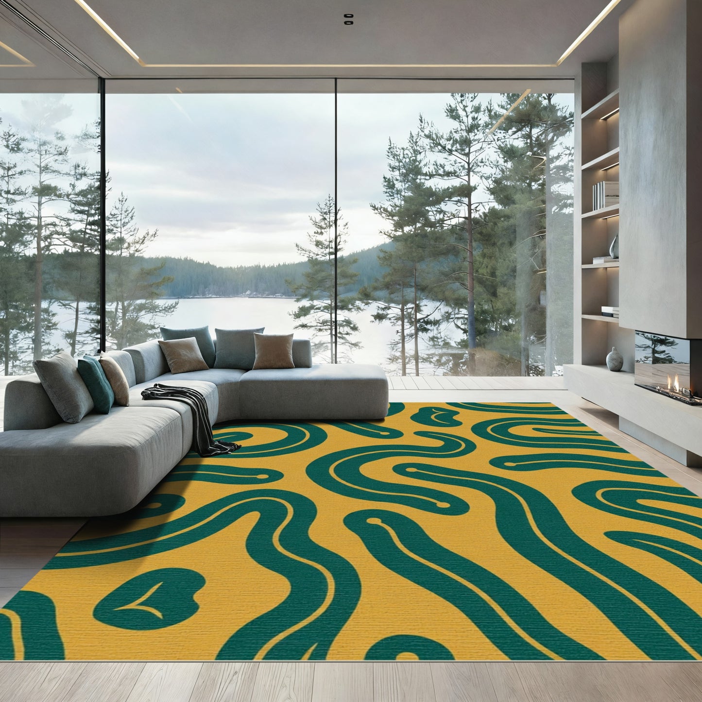 Bold Teal Swirls Amber Abstract Rug