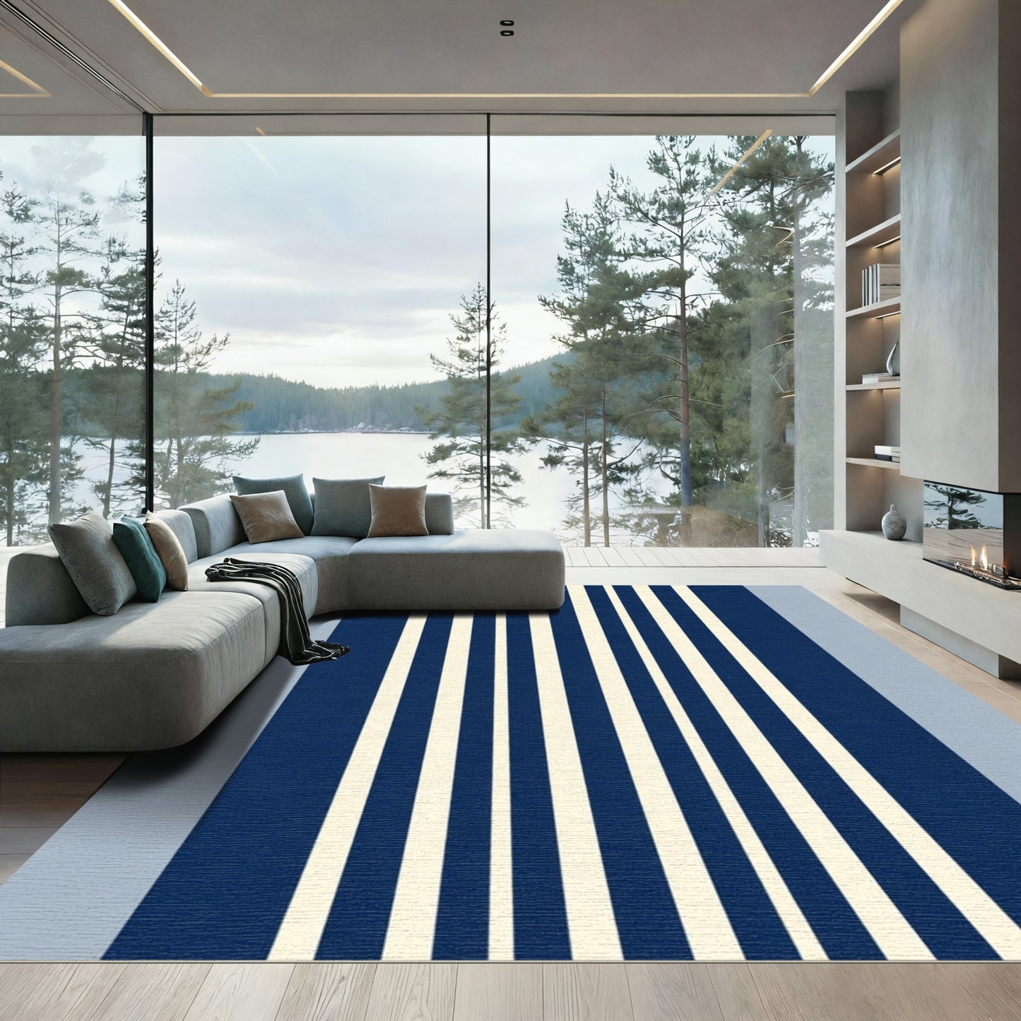 Navy Cream Vertical Stripe Statement Rug