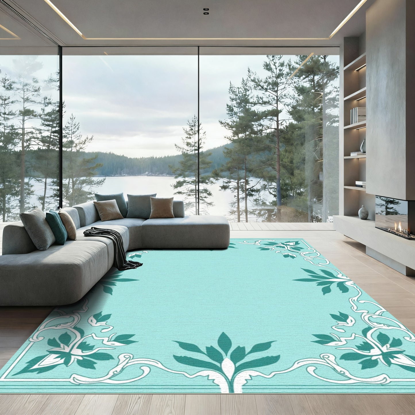 Teal And White Inky Scrollwork Floral Rug