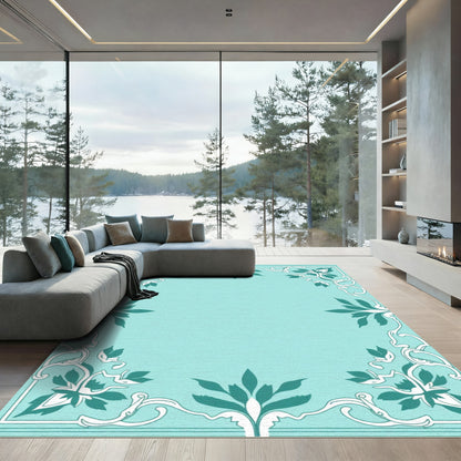 Teal And White Inky Scrollwork Floral Rug